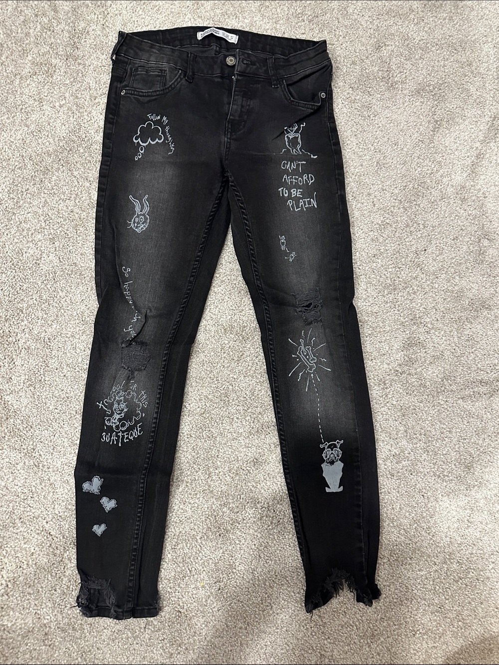 Zara Black Skinny Jeans with White Graphic Doodles